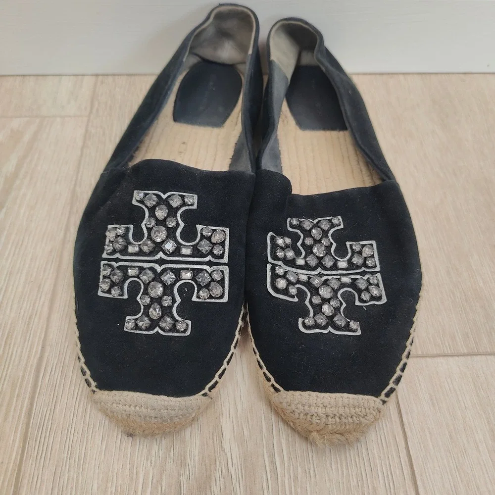 Tory Burch Embellished Jeweled Espadrille Flats Womens 11 Black Diamond‎ Suede
